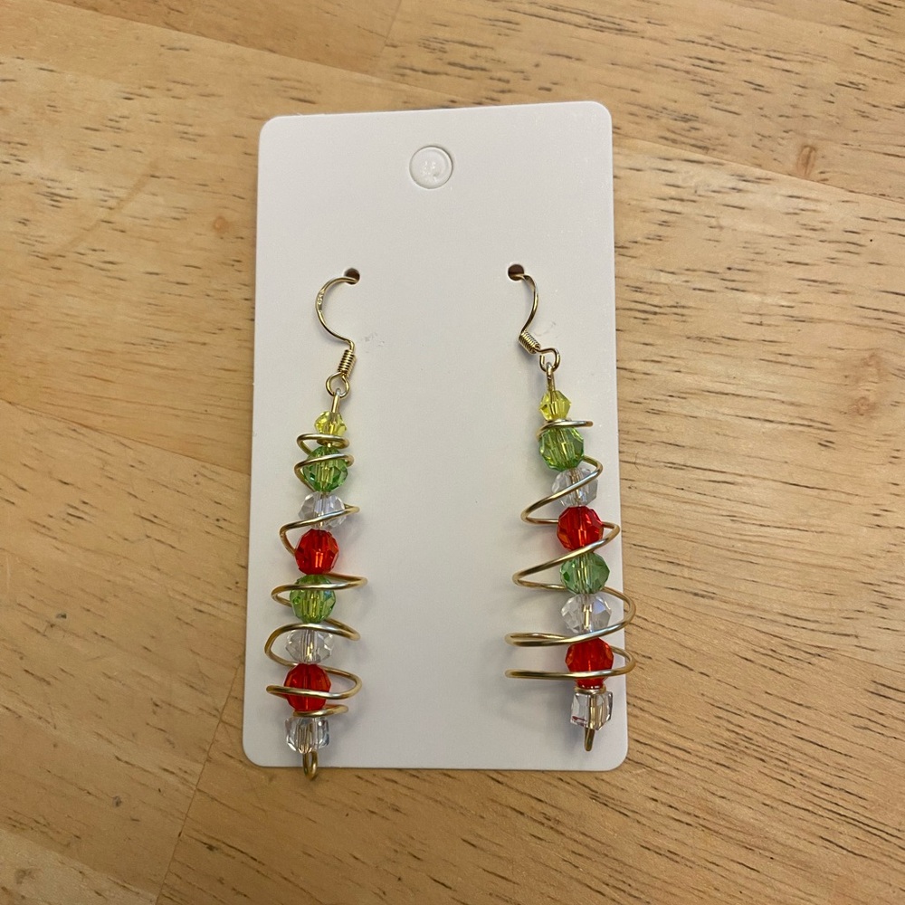 Wire Wrap Christmas Tree Earrings with Red, Green, and Yellow Beads